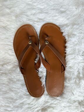 COACH Brown Leather Thong Sandals with Gold Accent